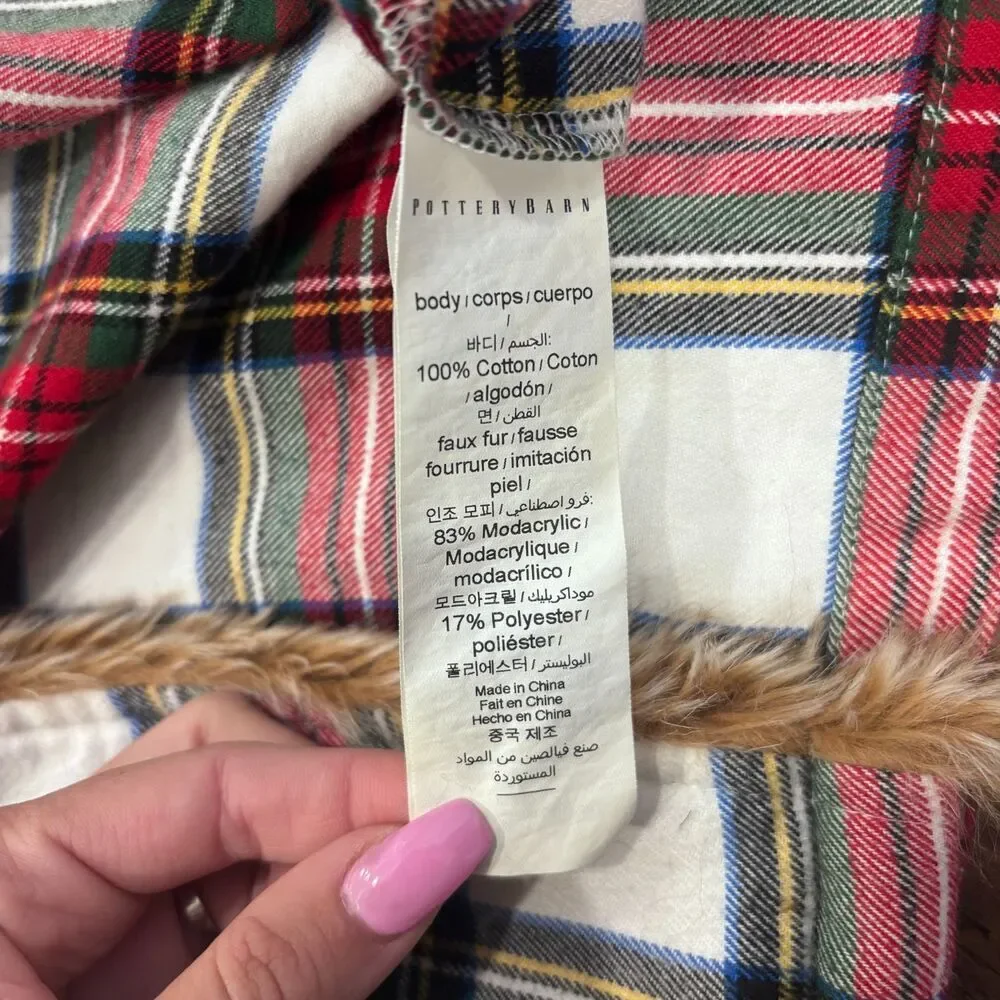 Pottery Barn Stewart Plaid Flannel Faux Fur Robe with Belt Size Large Unisex - Picture 4 of 7